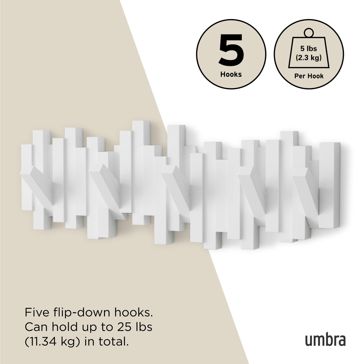 Umbra Sticks Wall-Mounted Coat Rack with 5 Retractable Pegs, White