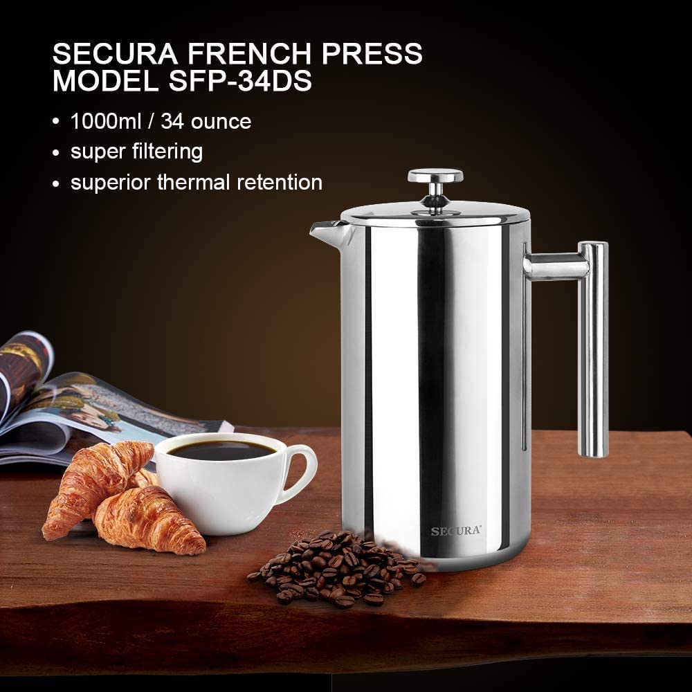 Secura French Press Coffee Maker, 34 oz (1 L), Stainless Steel, Silver