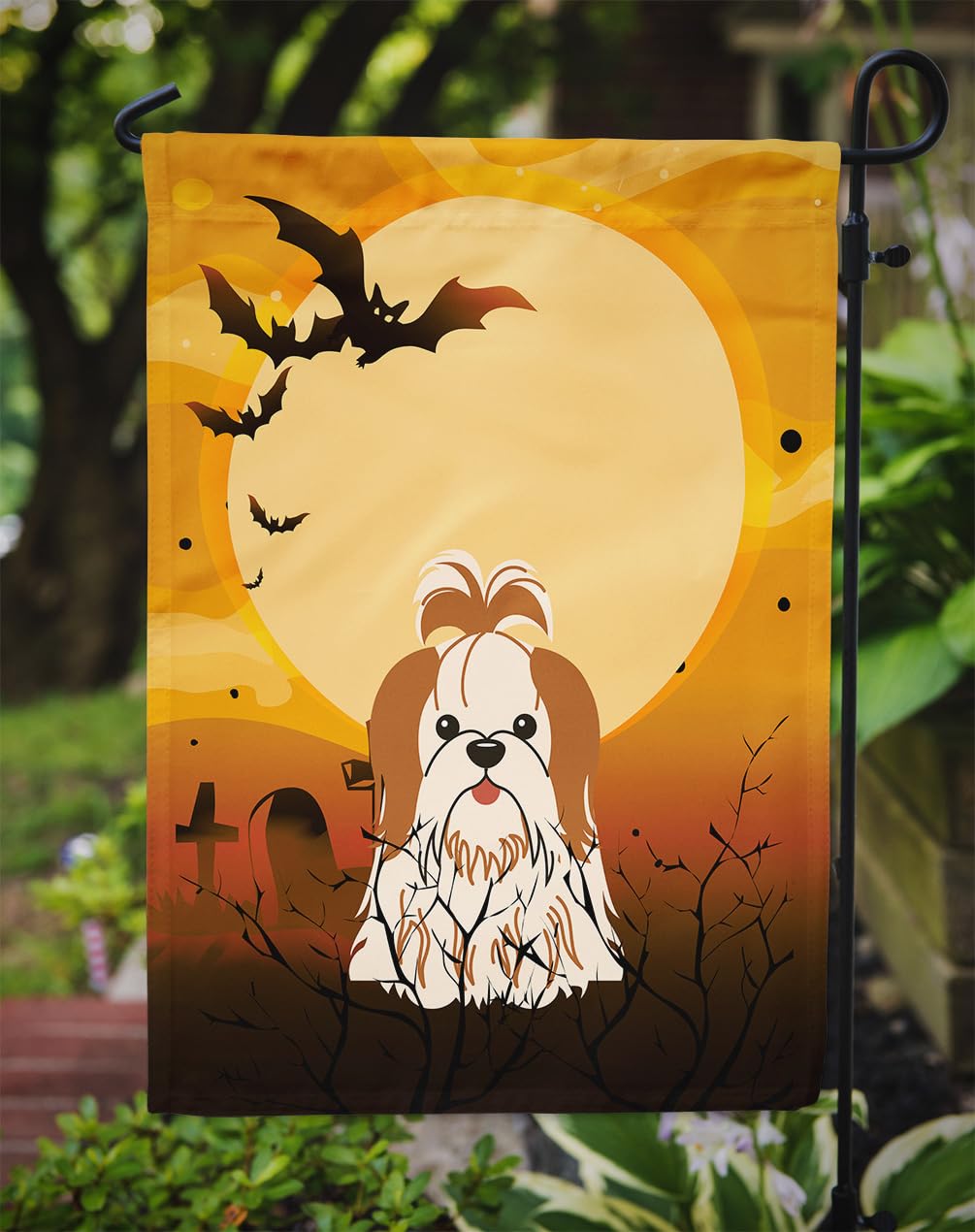 Caroline's Treasures BB4353GF Halloween Shih Tzu Red White Flag Garden Size