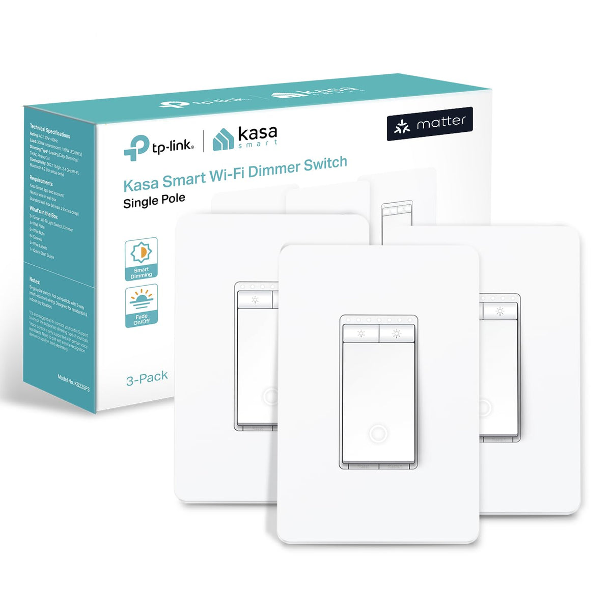 Kasa Matter Smart Wi-Fi Dimmer Switch by TP-Link KS225P3 (3 Pack)