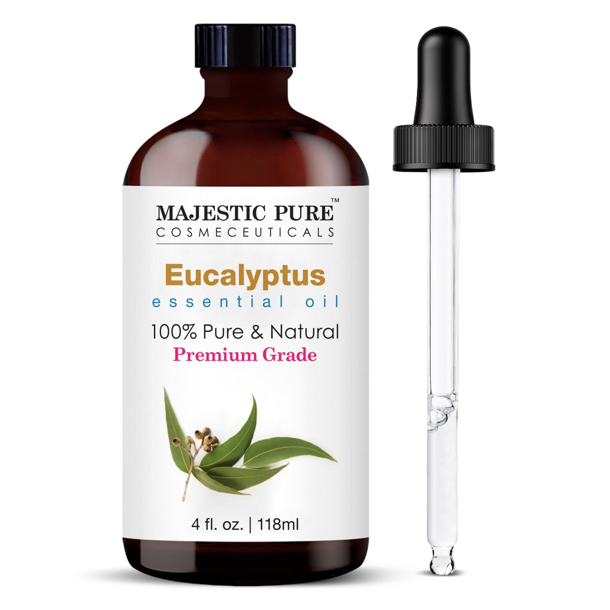 Majestic Pure Eucalyptus Essential Oil with Glass Dropper, 118 ml