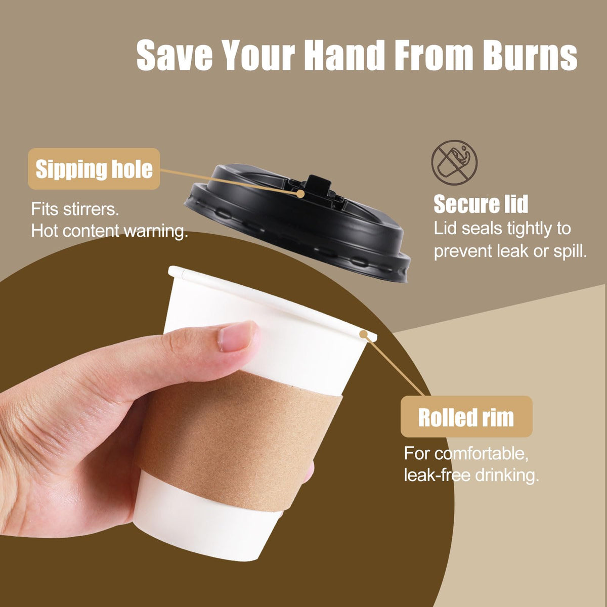 Disposable Paper Coffee Cups with Lids, Sleeves, Straws, 12 oz, 120Pk