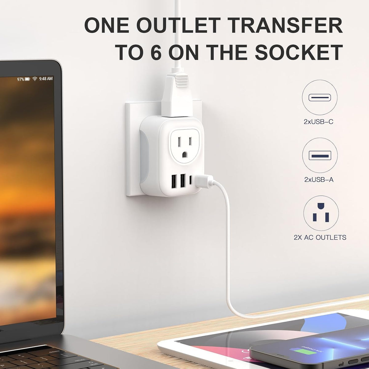 Vylee European Travel Plug Adapter, 2 Pack, 2 Outlets, 4 USB Ports