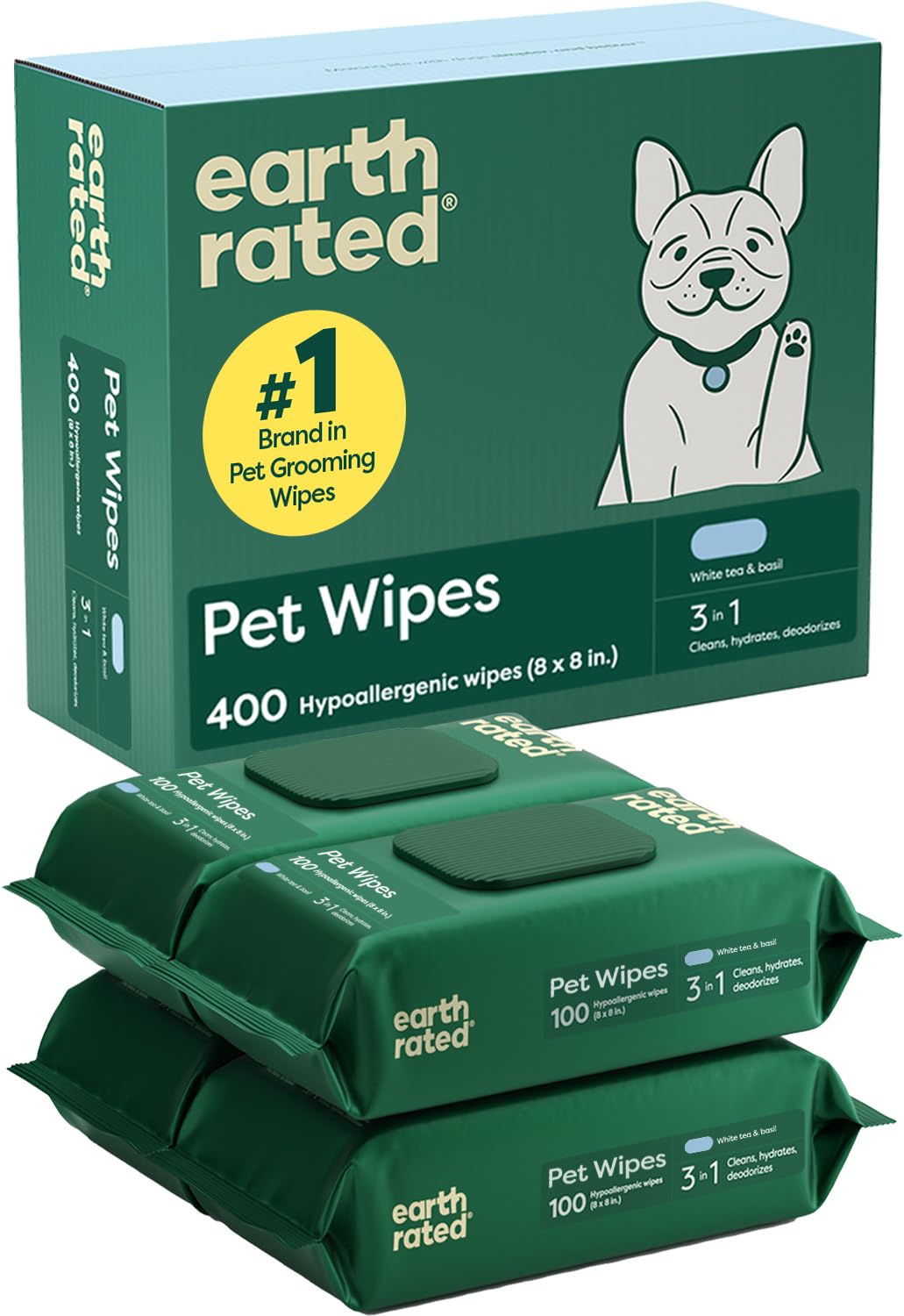 Earth Rated Pet Wipes for Dogs & Cats, White Tea & Basil, 400 Count