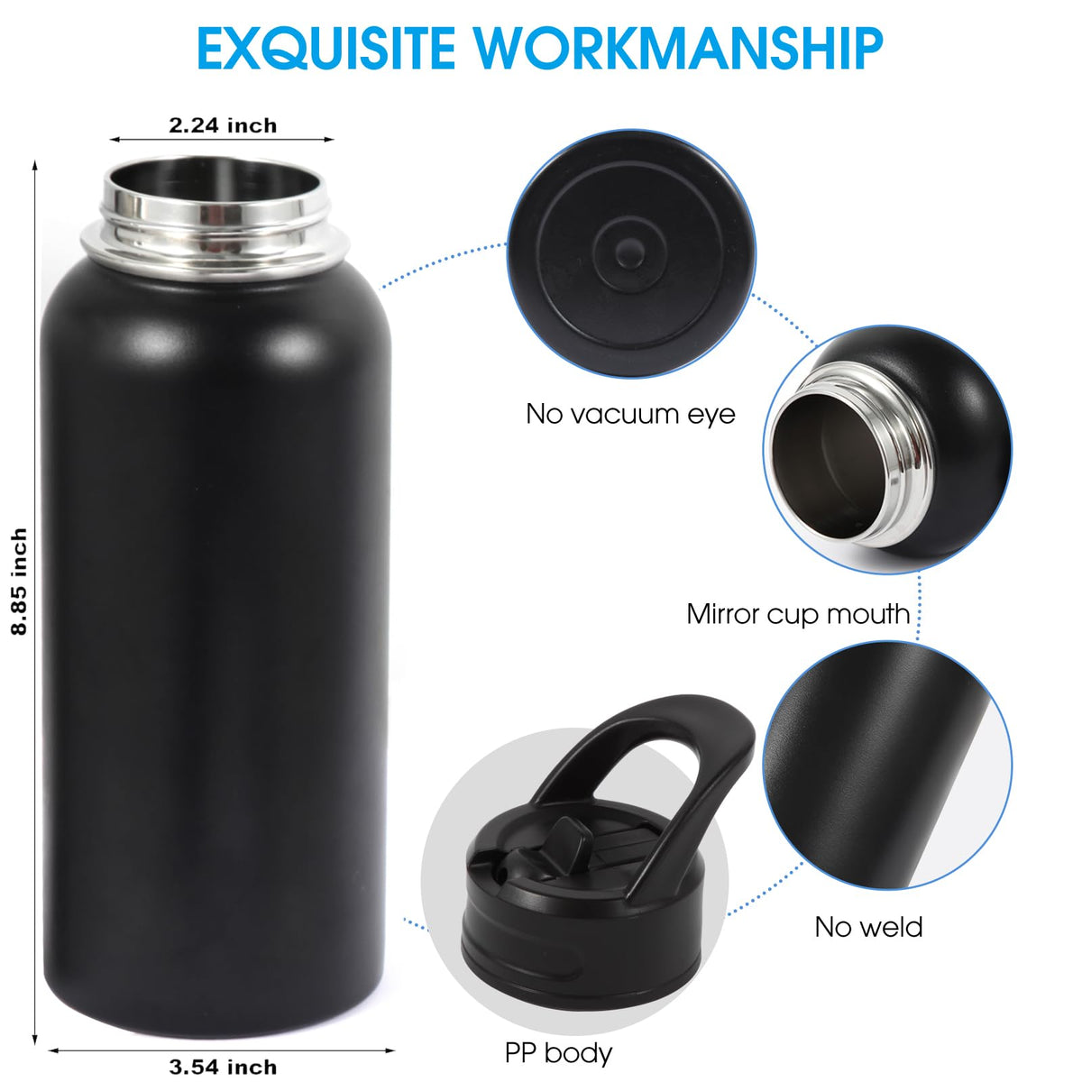 Insulated Stainless Steel Water Bottle, 32 oz, Black