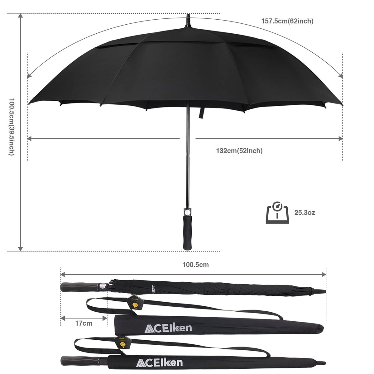 ACEIken 62" Windproof Double Canopy Golf Umbrella, Black