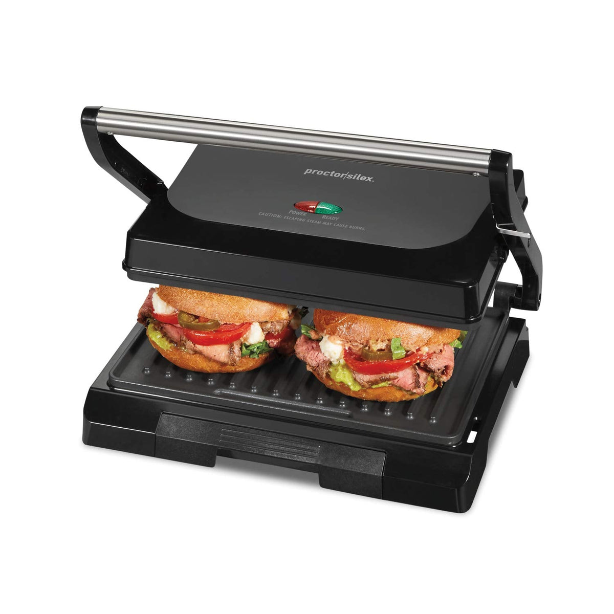 Proctor Silex 4 Serving Panini Press, Nonstick Grids, Black, 25440PS