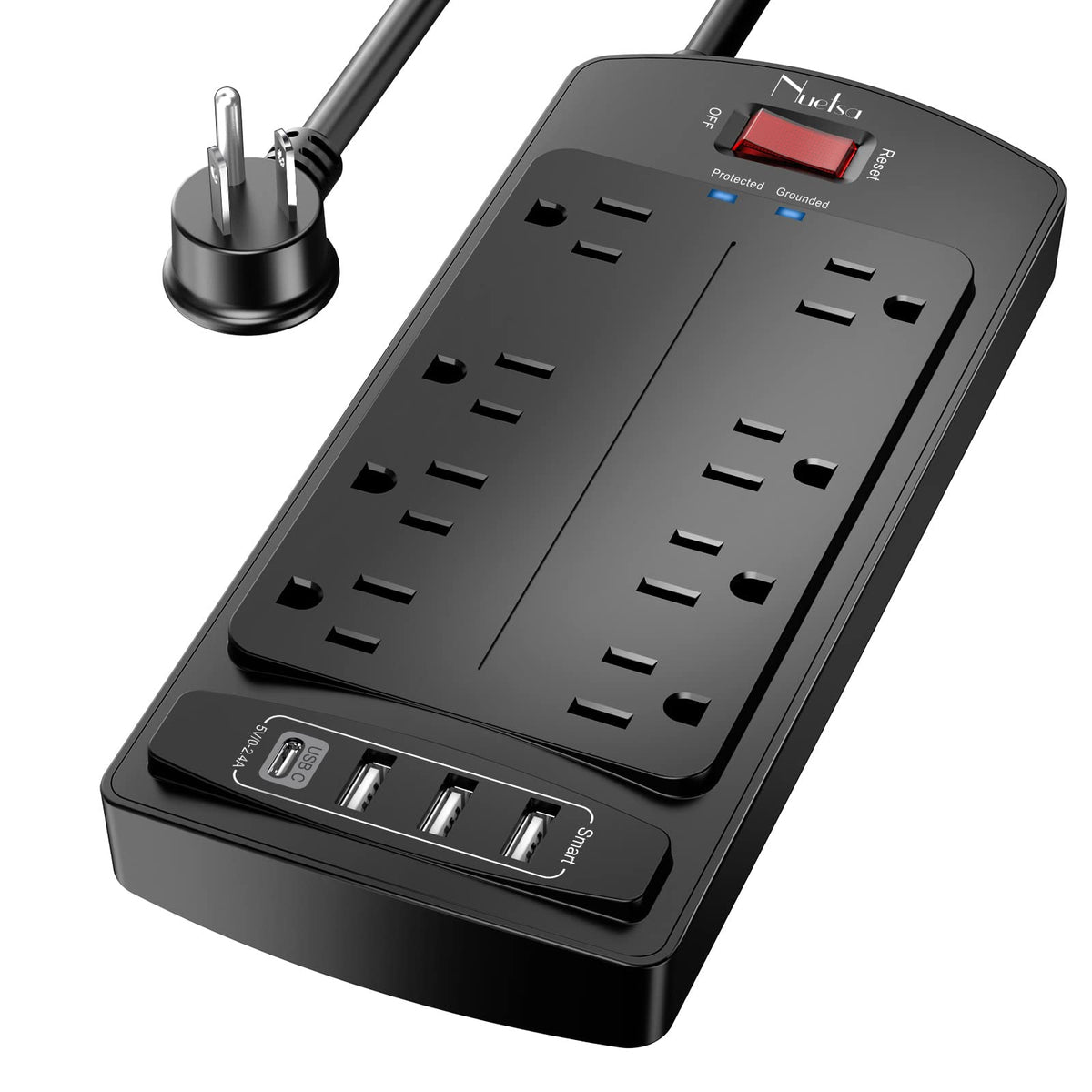 Nuetsa 8-Outlet Surge Protector Power Bar with 4 USB, 6 ft, Black