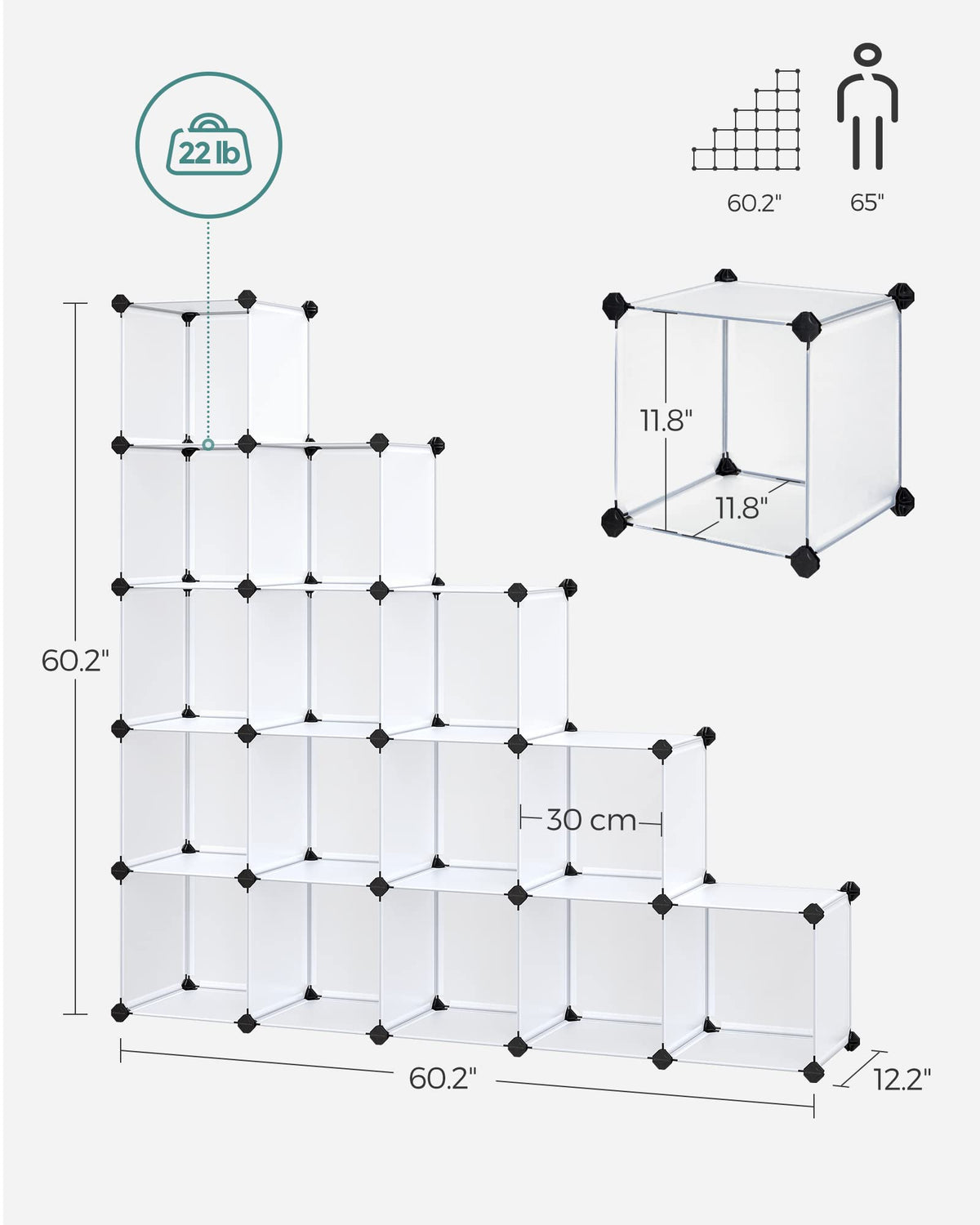 SONGMICS 16-Cube Storage Organizer, 48.4 x 12.2 x 48.4 Inches, White