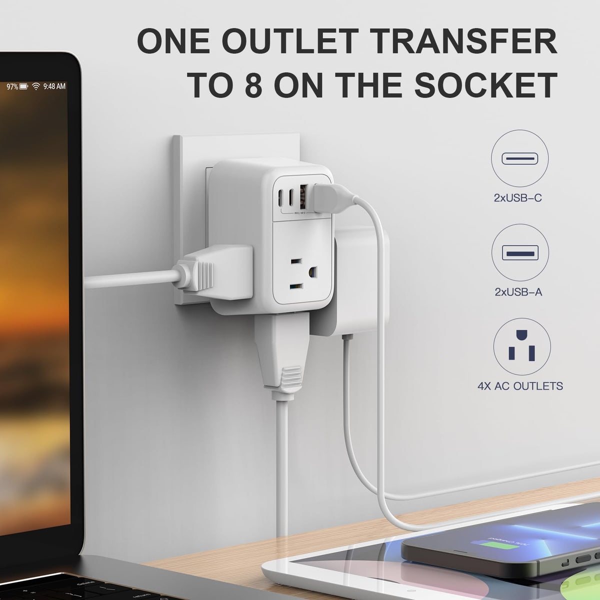 VYLEE Travel Plug Adapter, 4 AC Outlets, 4 USB Ports, Type C, 1 Pack