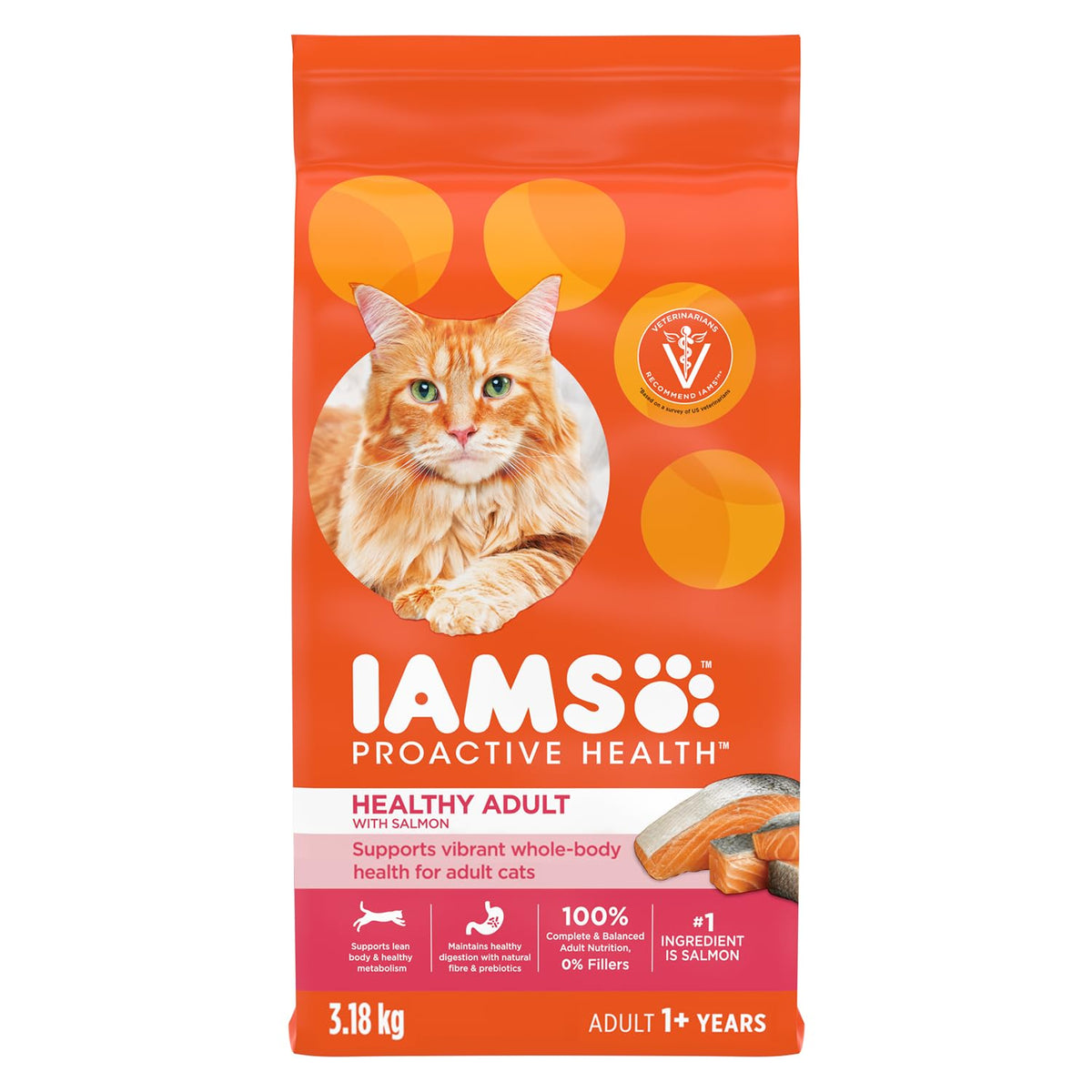 IAMS Proactive Health Adult Dry Cat Food, Salmon, 3.18kg