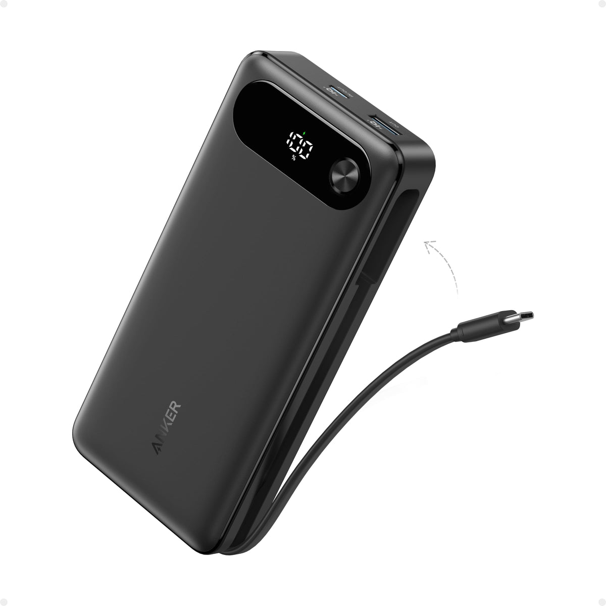 Anker Power Bank, 20,000mAh, 87W, Built-In USB-C Cable, Black