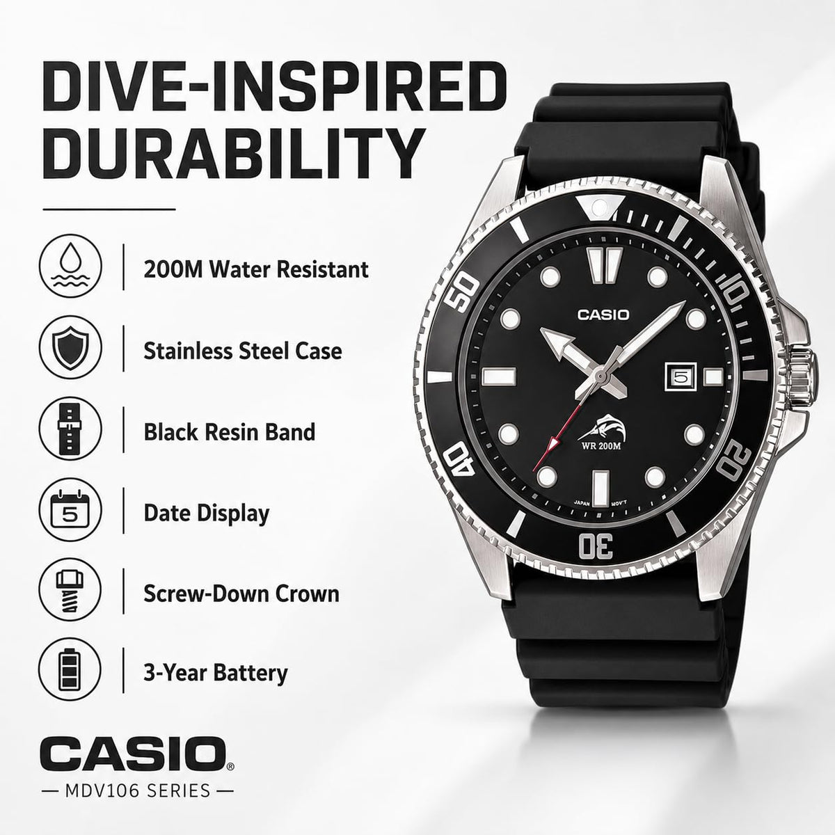 Casio Men's MDV106-1AV 200M Duro Analog Watch, Black