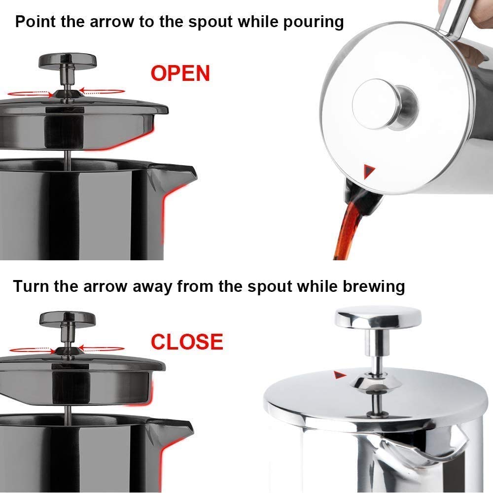 Secura French Press Coffee Maker, 34 oz (1 L), Stainless Steel, Silver