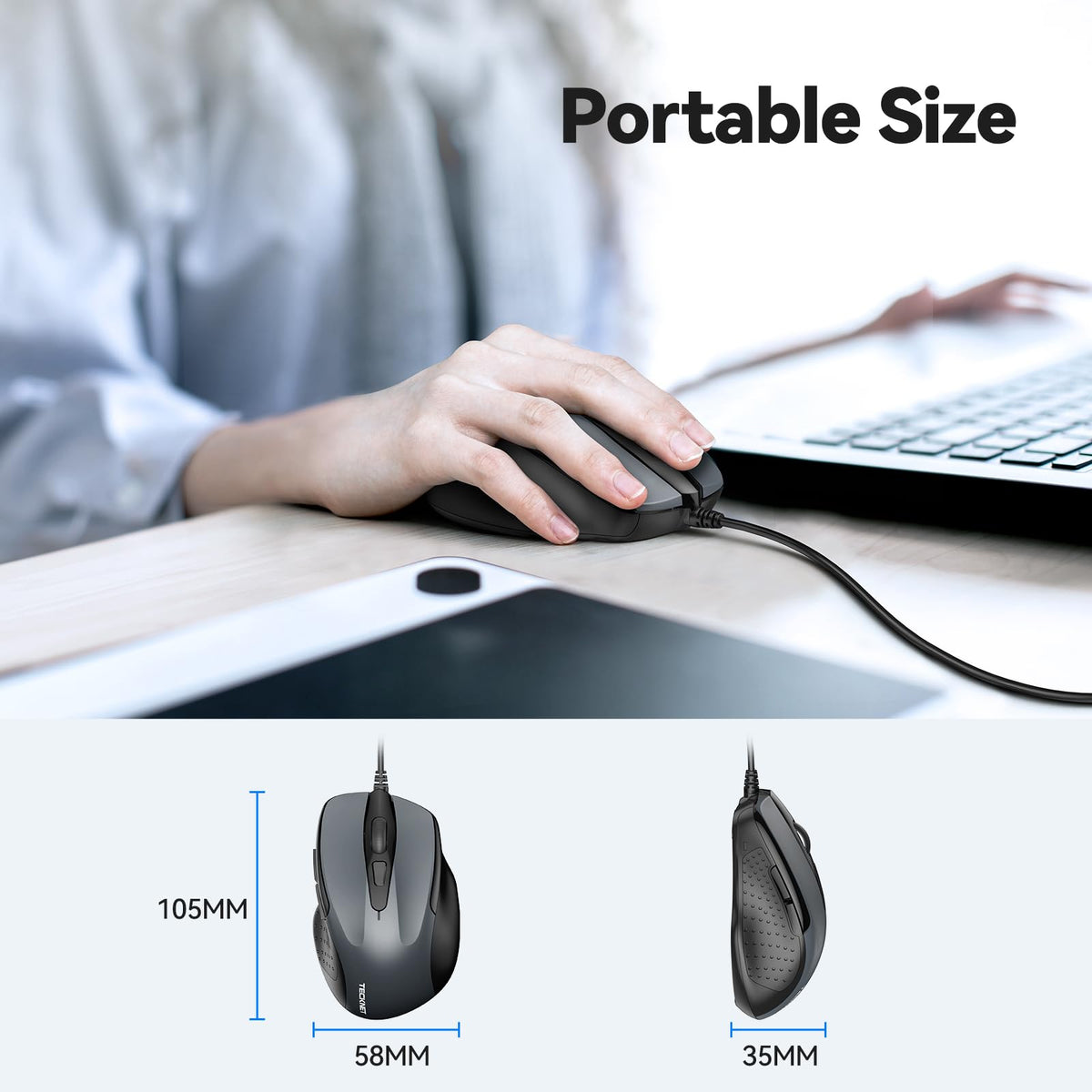 TECKNET USB Wired Mouse, 6-Button, 4 Adjustable DPI, 5FT Cord, Gray