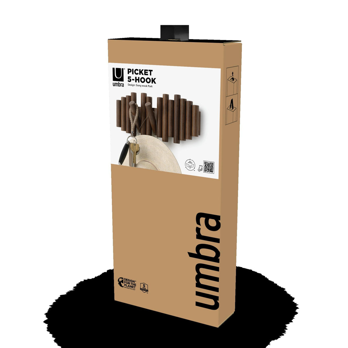 Umbra Picket Wall-Mounted Coat Rack, 5 Retractable Pegs, Walnut