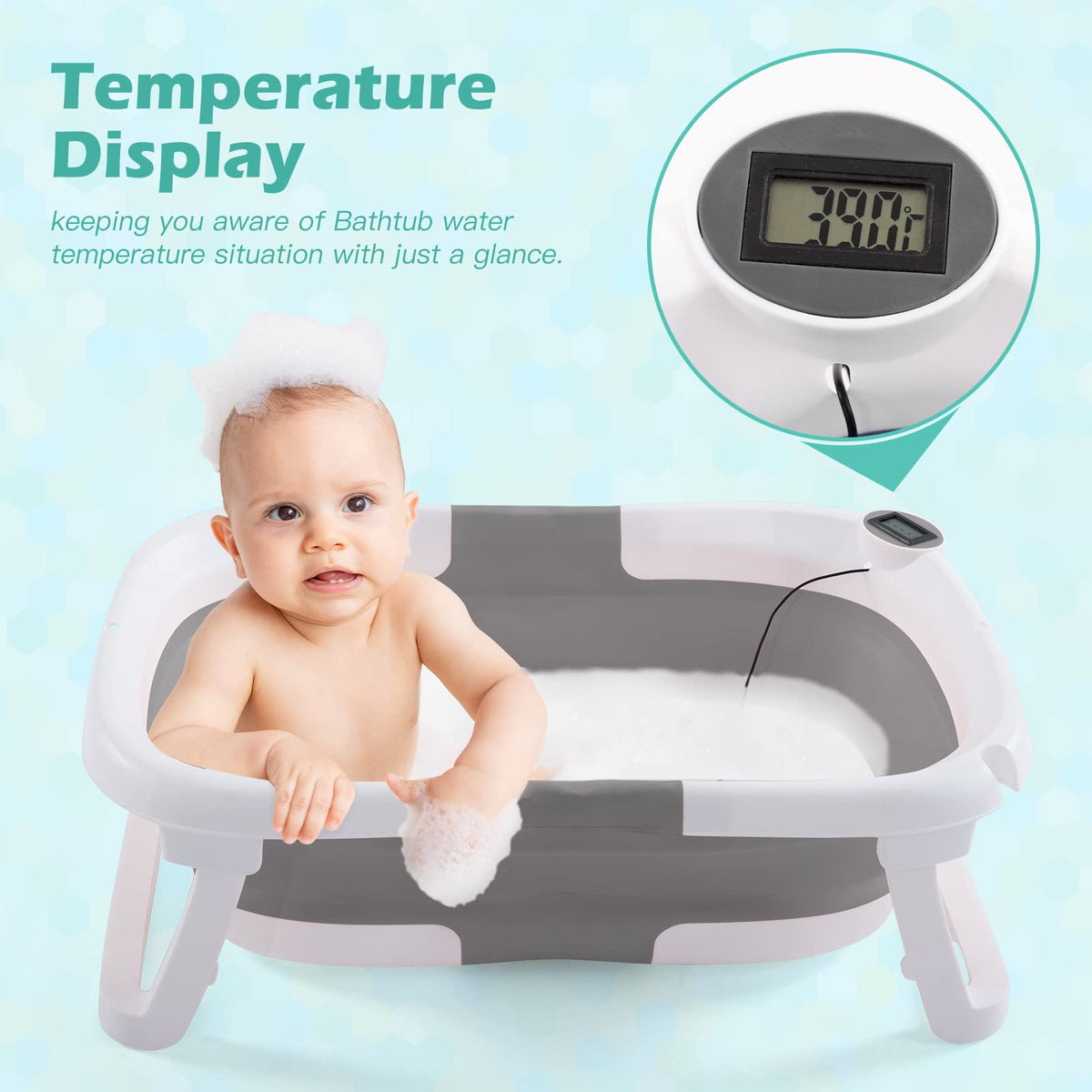 4-in-1 Newborn to Toddler Baby Bathtub with Temperature Sensor, Grey