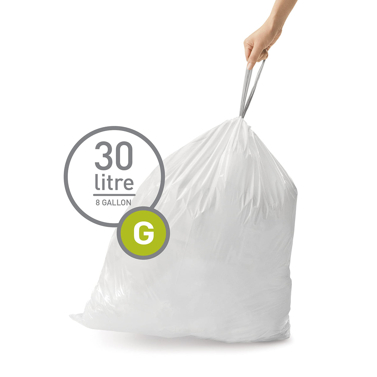 simplehuman Code G Custom Fit Trash Bag Liners, 30L, 60 Count, White