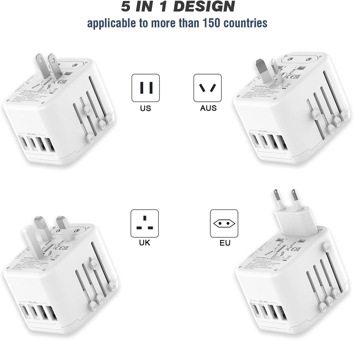 VYLEE 5-in-1 International Travel Plug Adapter, White