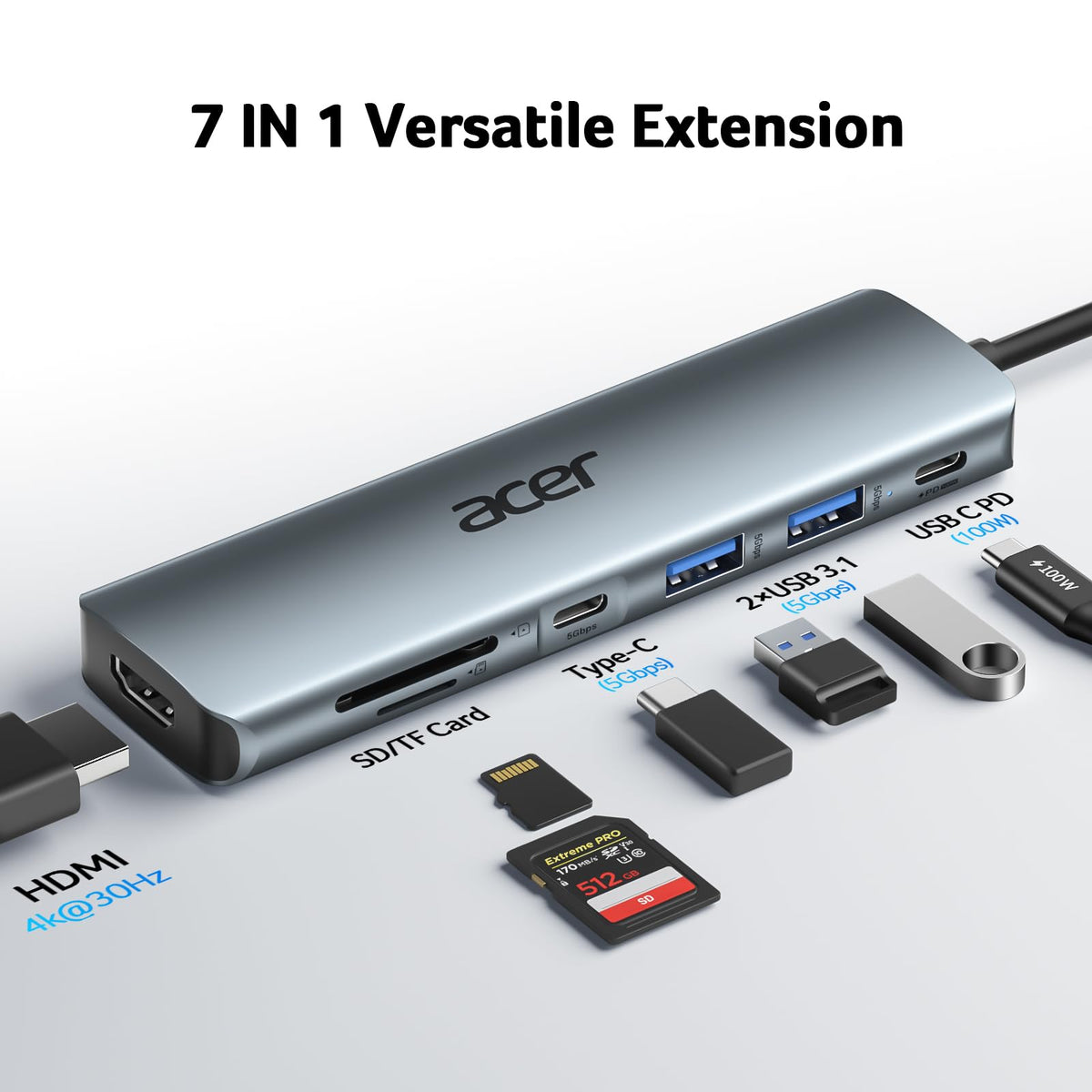 Acer 7 in 1 USB C Hub, 4K HDMI, PD100W