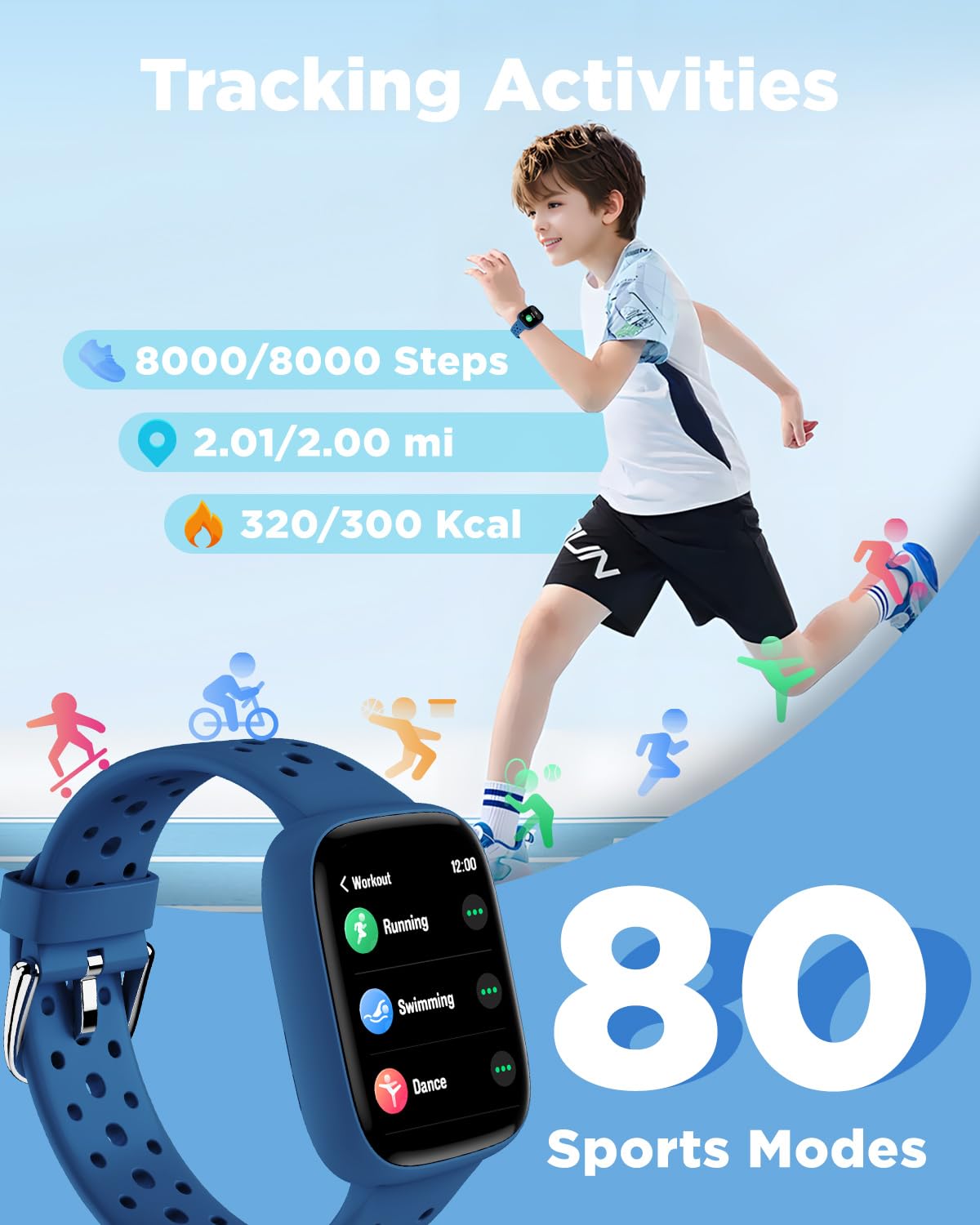 BIGGERFIVE Kids' Smart Fitness Tracker Watch, Blue