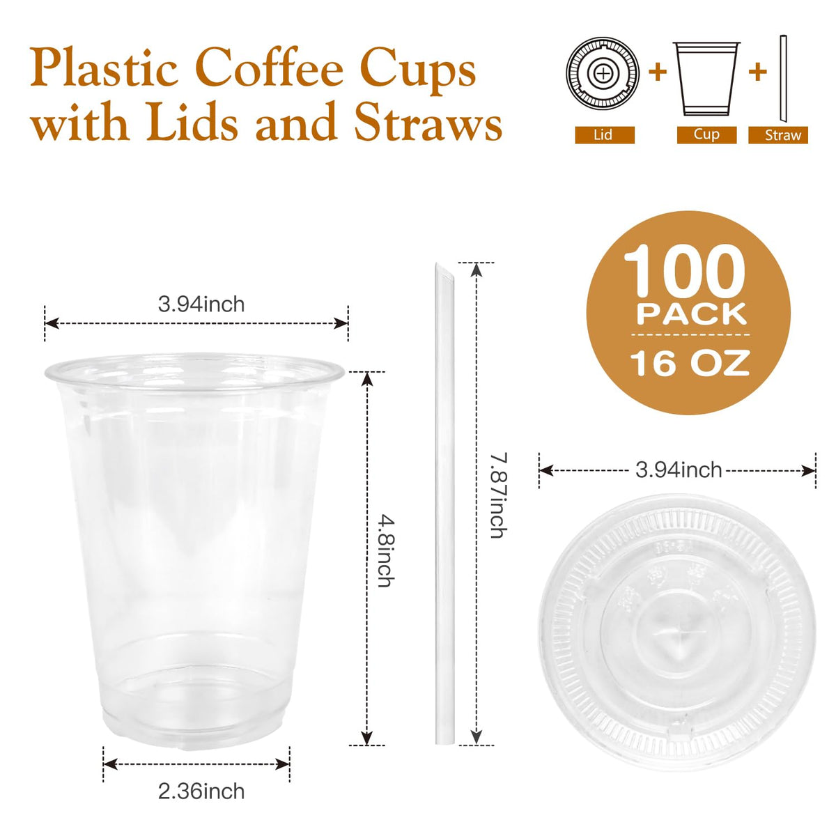 Joyeux Clear Plastic Cups with Lids and Straws, 16 oz, 100 Pack