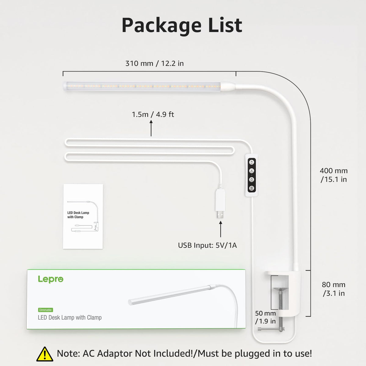 Lepro USB Clip-On LED Desk Lamp, White