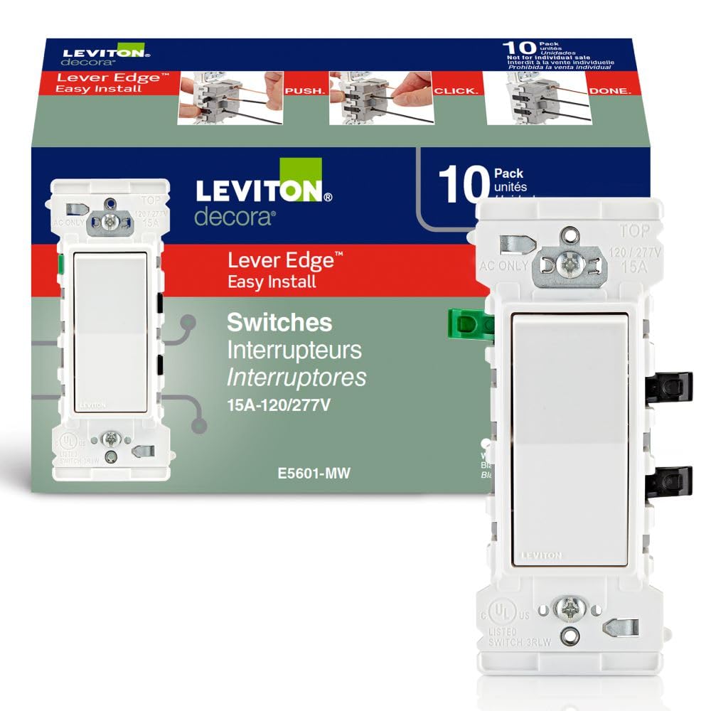 Leviton Lever Edge 15 Amp Single Pole Decora Switch, White, 10-Pack