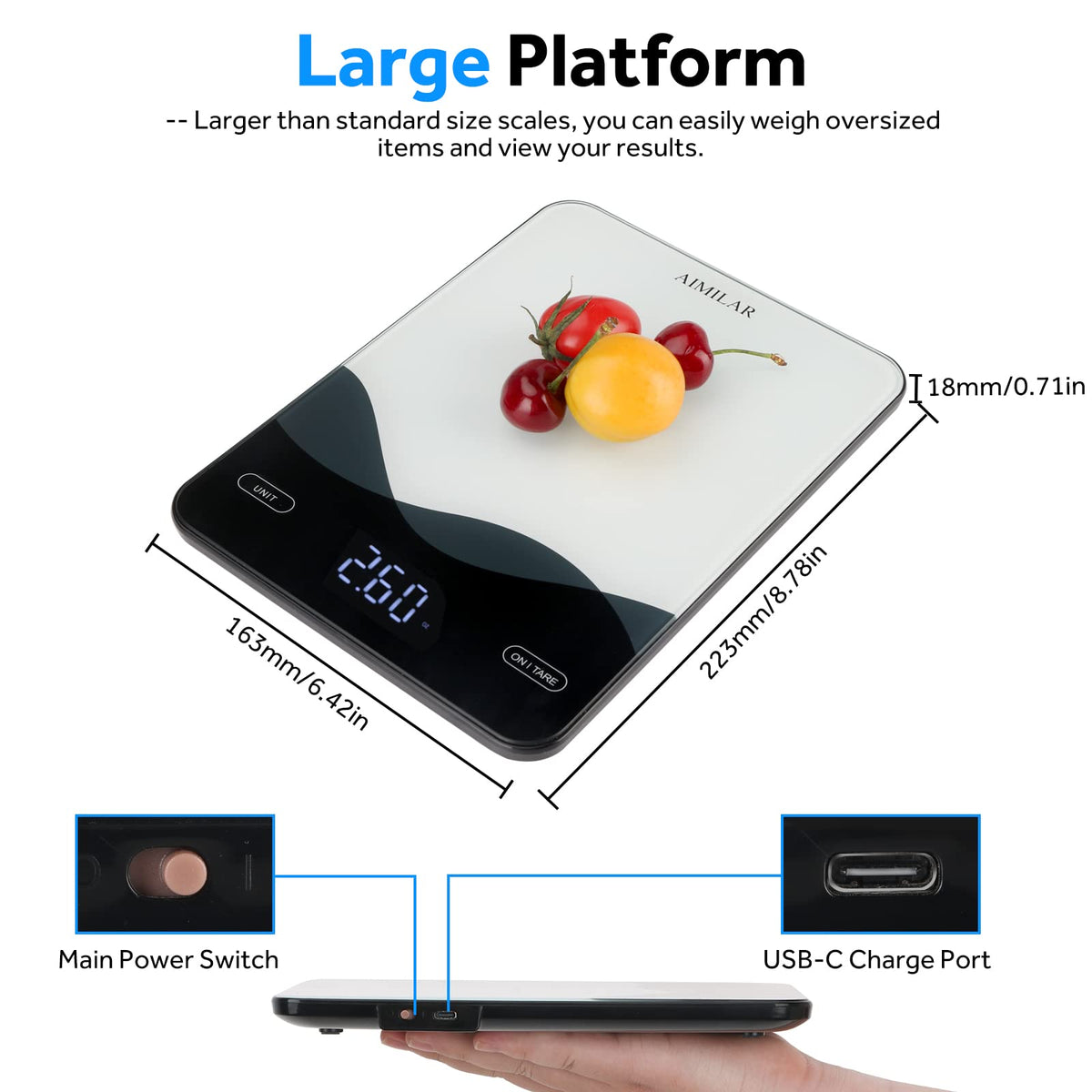 Aimilar Digital Kitchen Scale, 22 lb/10 kg, USB-C Rechargeable