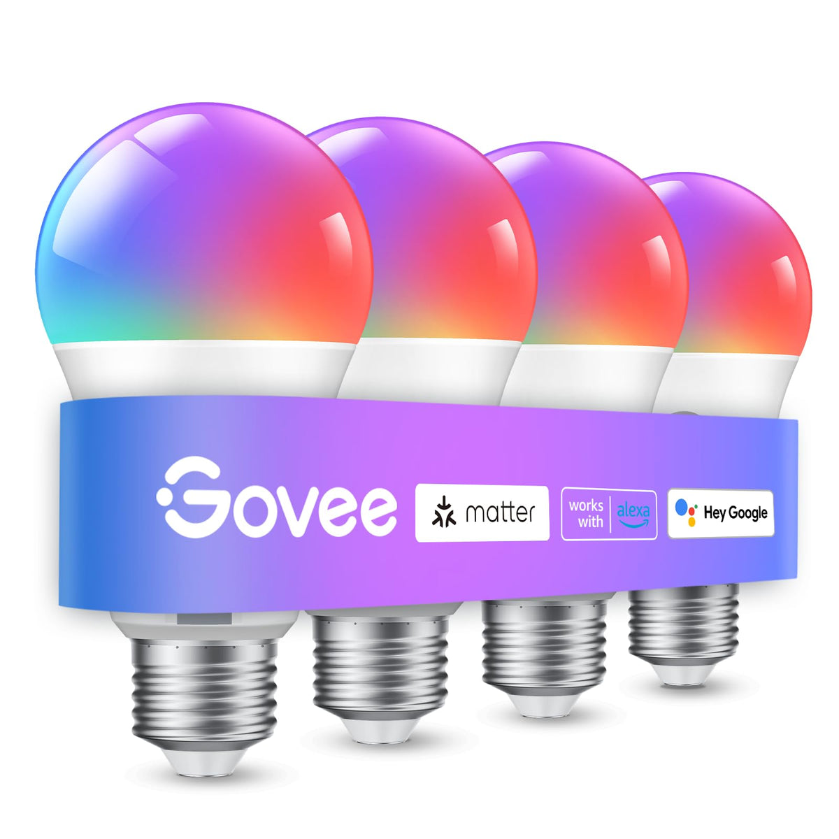 Govee Smart LED Light Bulbs, A19, 800 Lumens, Matter, 4-Pack