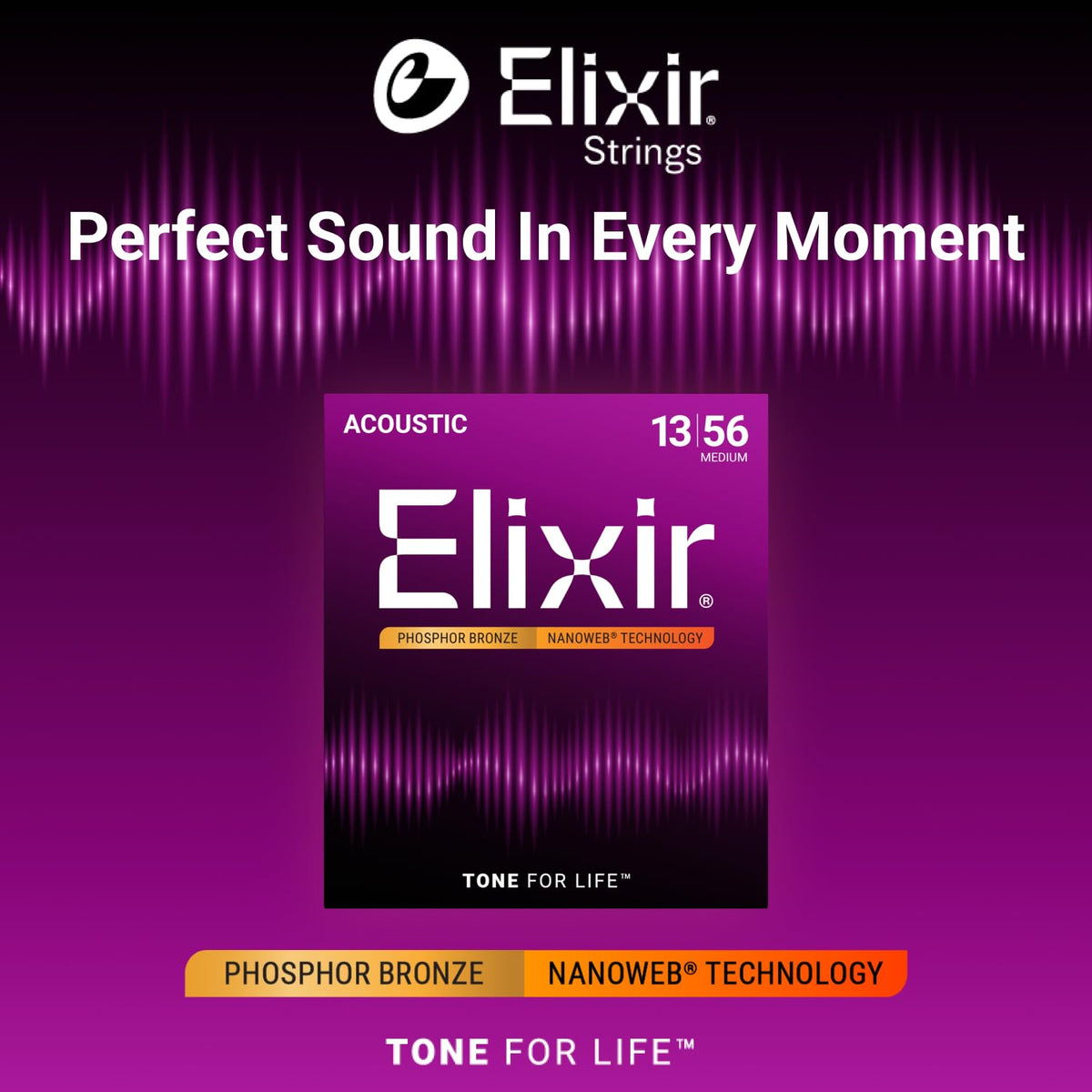Elixir 16102 Phosphor Bronze Nanoweb Acoustic Guitar Strings, 13-56