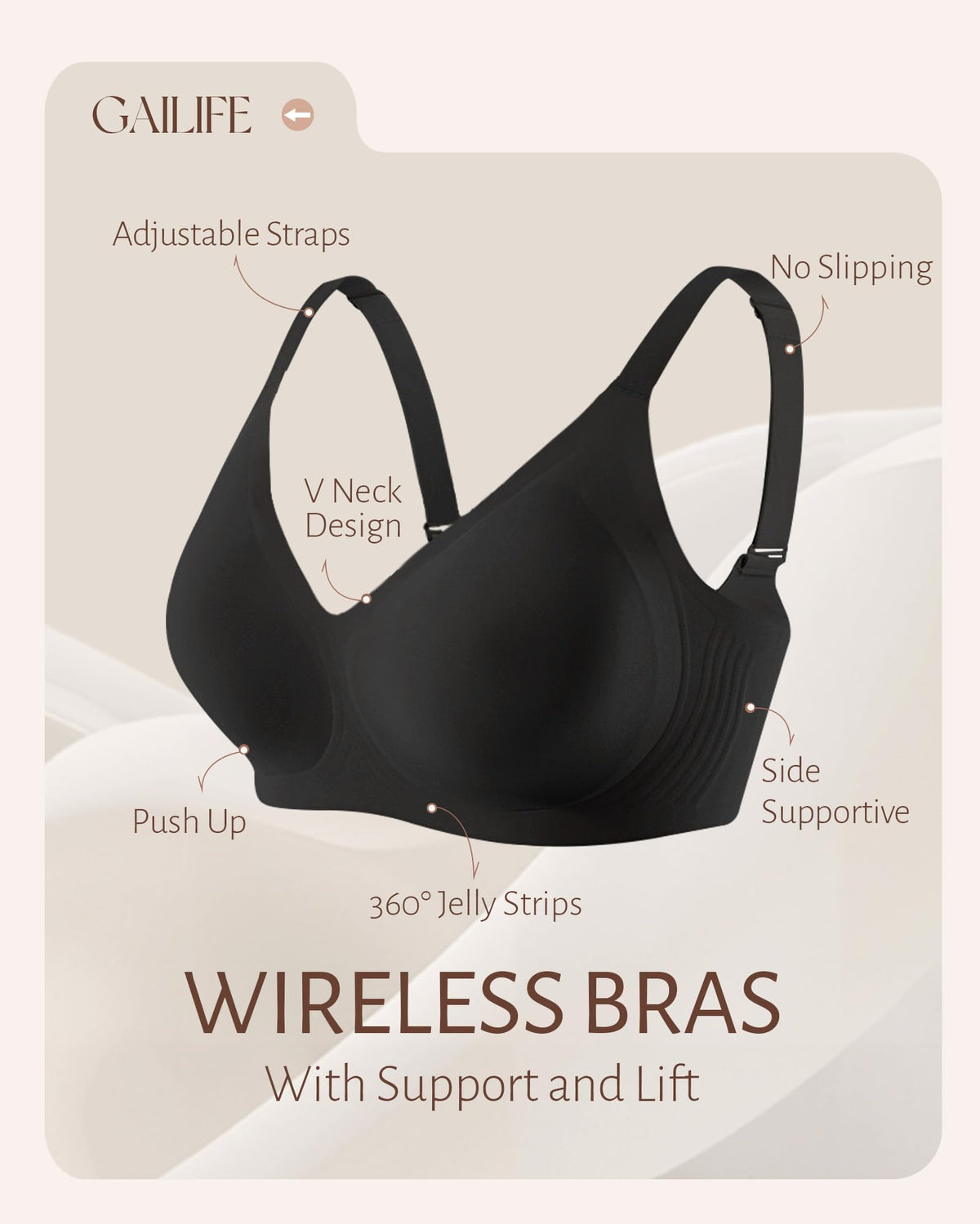 Gailife Seamless Wireless Jelly Bra, Full Coverage, Black, M