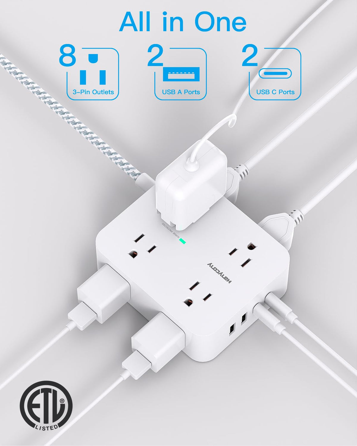 HANYCONY 8-Outlet Surge Protector Power Bar with USB-C, 5 ft, White