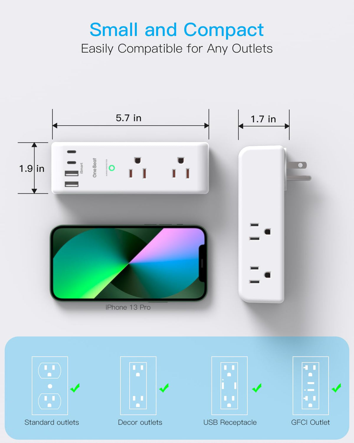 One Beat Surge Protector Outlet Extender, 6 Outlets, 4 USB