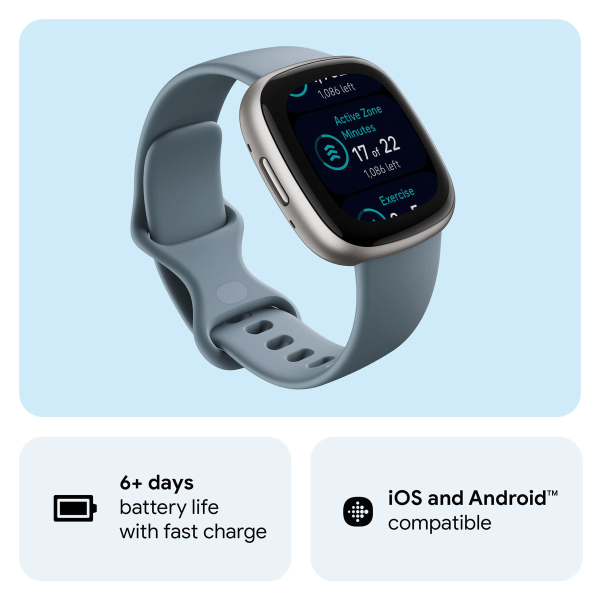 Google Fitbit Versa 4 Fitness Smartwatch, Waterfall Blue/Platinum