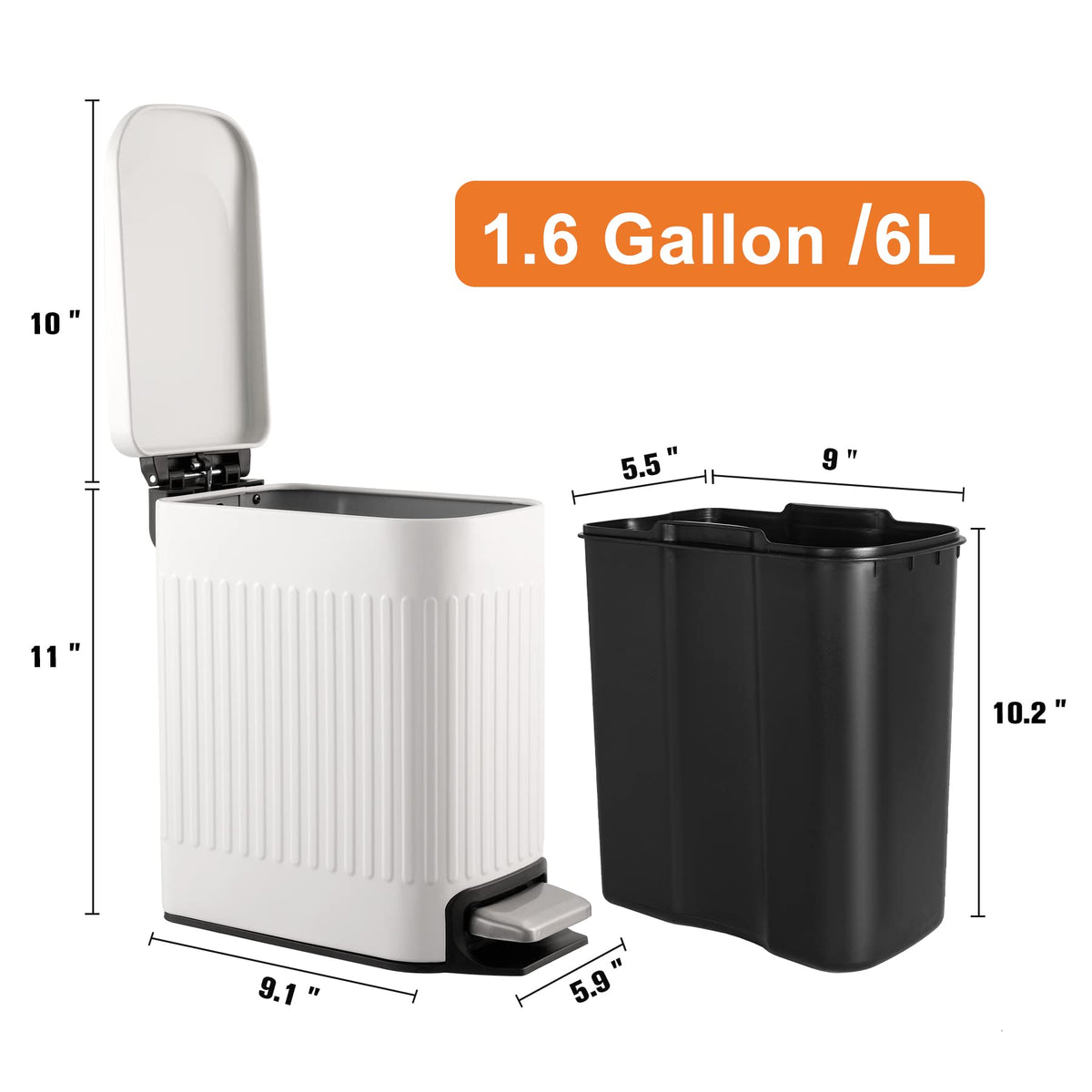 TrashAid Slim Bathroom Trash Can with Soft Close Lid, 6 Liter, White