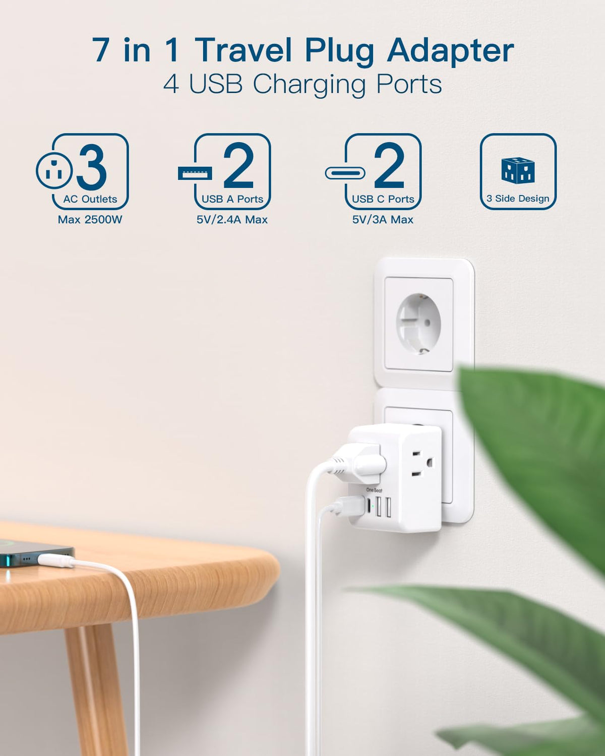 European Travel Plug Adapter, 3 Outlets, 4 USB Ports (2 USB C), 2 Pack