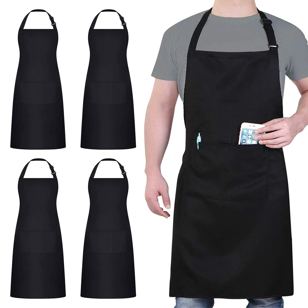 Waterproof Chef Apron with 2 Pockets, Black, 4 Pack