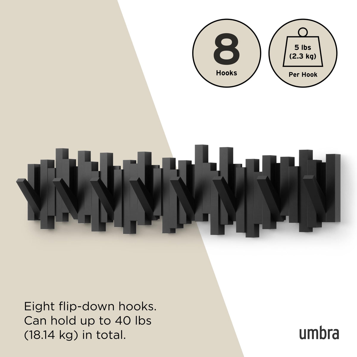 Umbra Sticks Wall-Mounted Coat Rack with 8 Retractable Pegs, Black