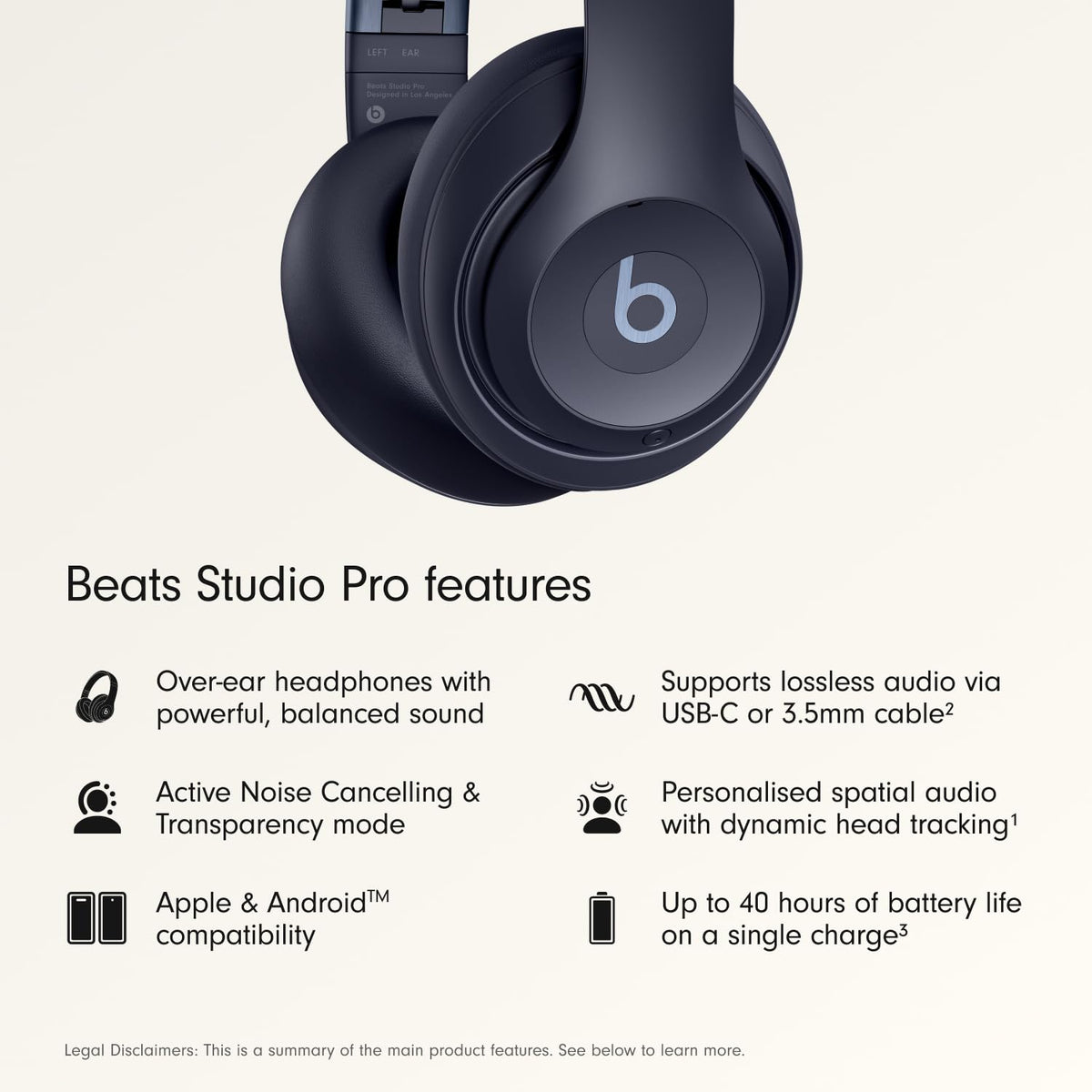 Beats Studio Pro Wireless Noise Cancelling Headphones, Navy