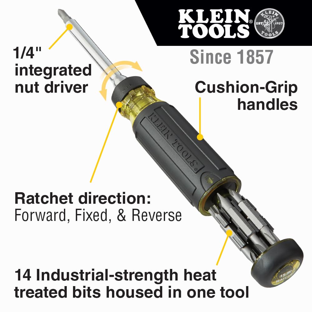 Klein Tools 32305 Multi-Bit Ratcheting Screwdriver, 15-in-1