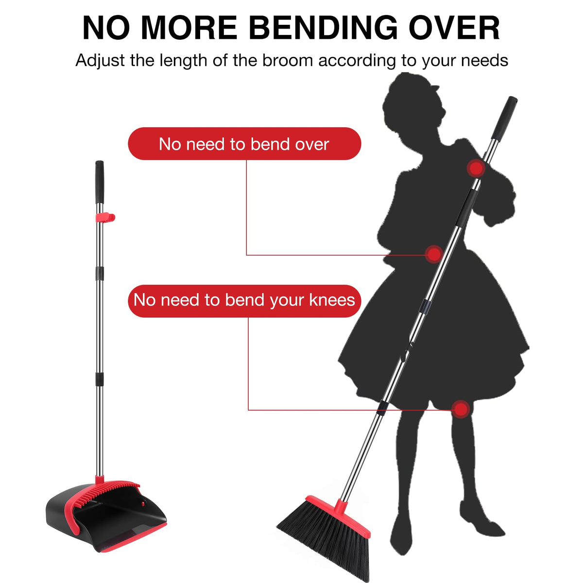 Broom and Dustpan Set, 52 Inch Handle, Black and Red