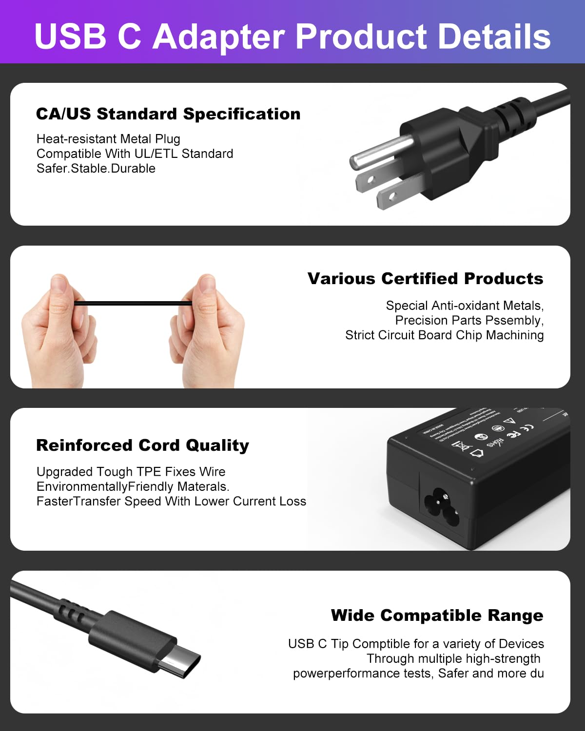 GDTOWD 65W USB C Laptop Charger for Lenovo, Dell, HP