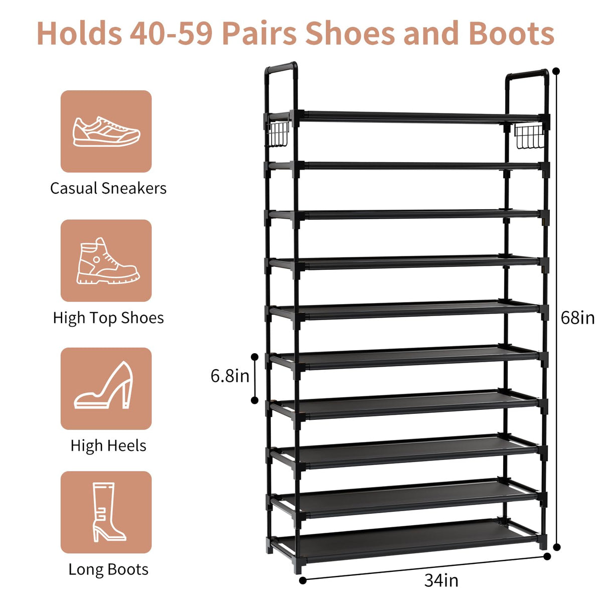 10 Tier Shoe Rack, Holds 50-55 Pairs, with Hooks