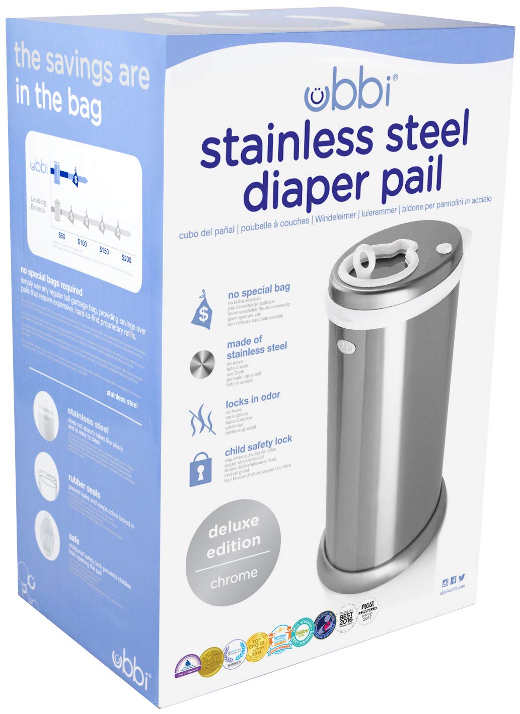 Ubbi Limited Edition Steel Odor Locking Diaper Pail, Chrome