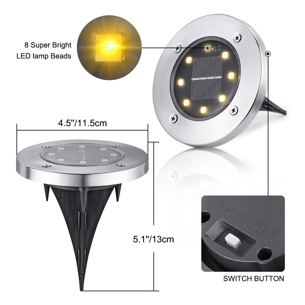 LYHOPE 8-LED Solar Ground Lights, 16-Pack, Warm White