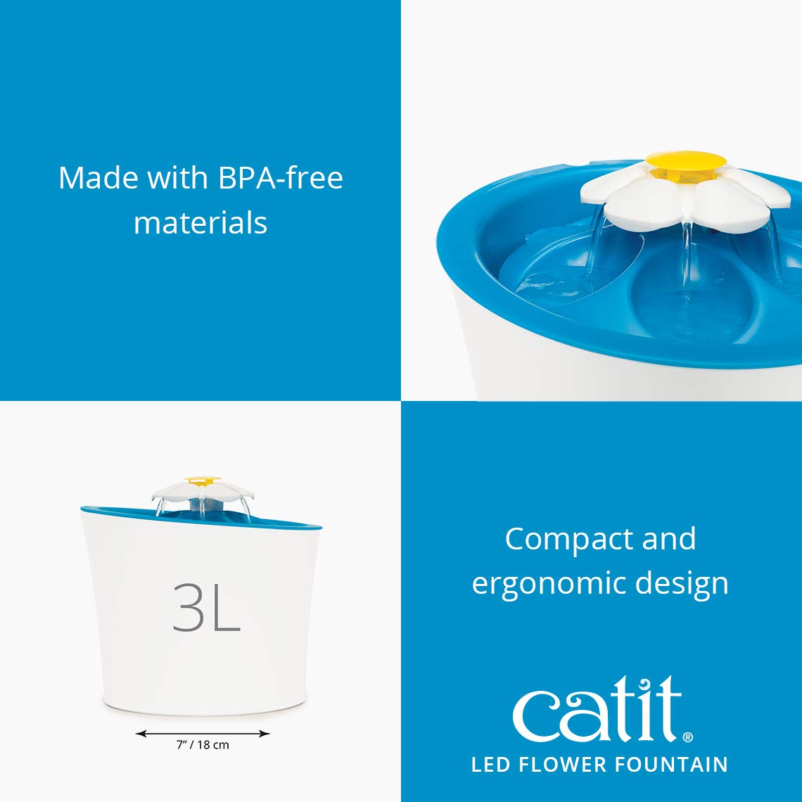 Catit LED Flower Cat Water Fountain, Blue, 3L