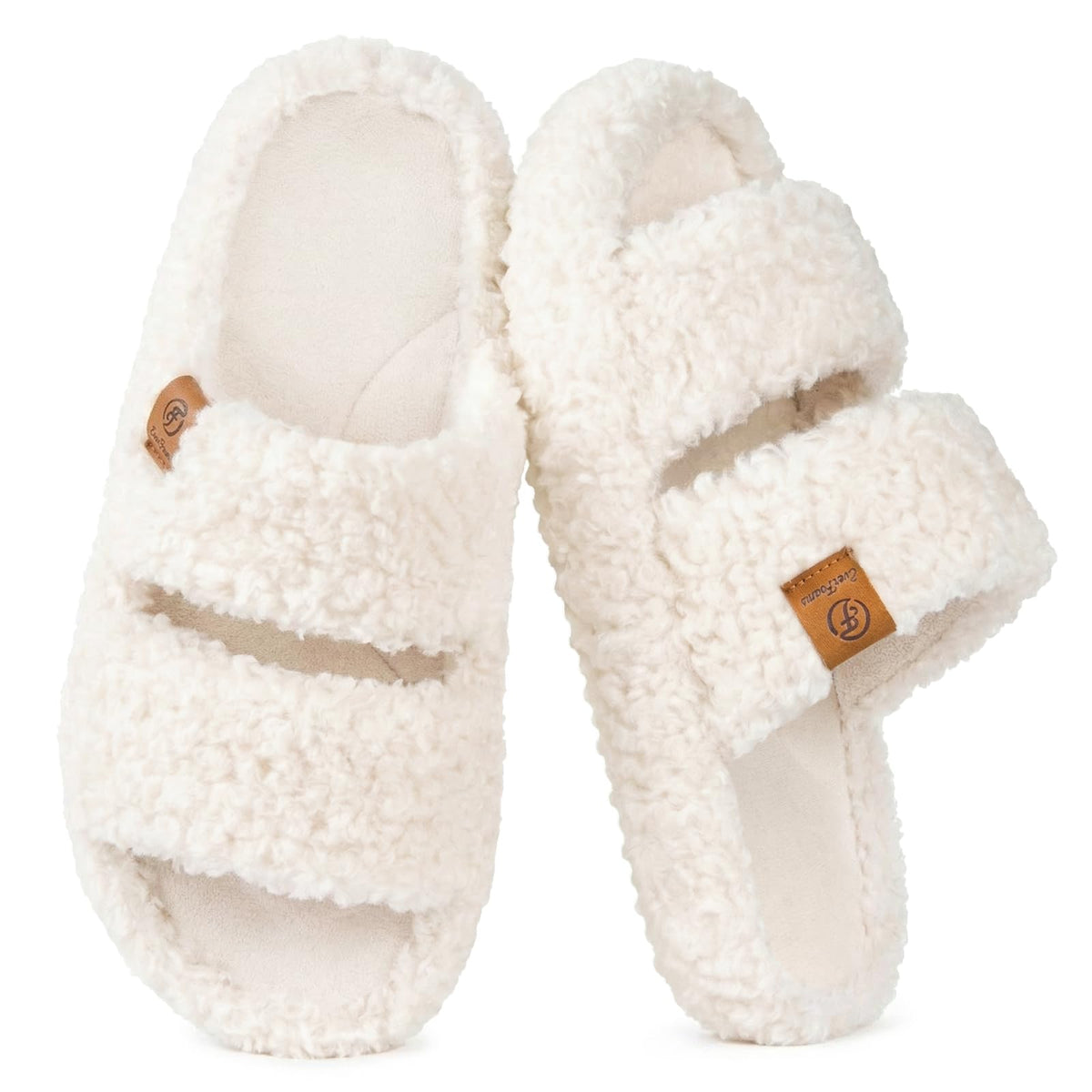EverFoams Women's Fuzzy Open-Toe Slippers, Vanilla Ice, 7-8