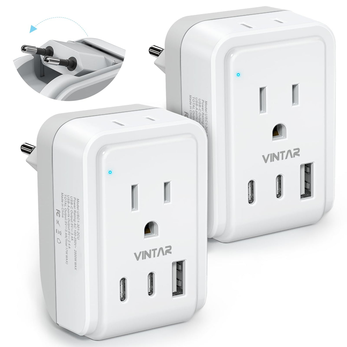 VINTAR European Travel Plug Adapter, Type C, 2-Pack