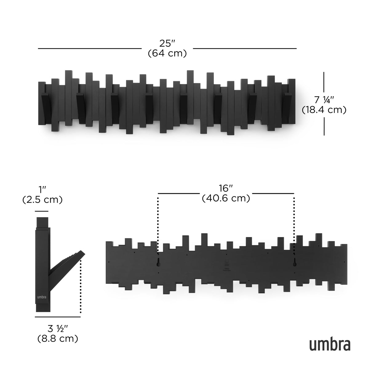 Umbra Sticks Wall-Mounted Coat Rack with 8 Retractable Pegs, Black